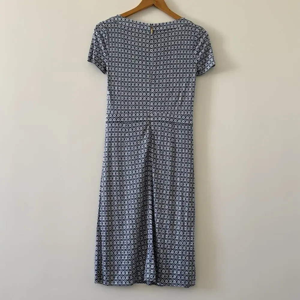 Tory Burch Blue White Geometric Midi Dress XS Tailored Short Sleeve Minimalist